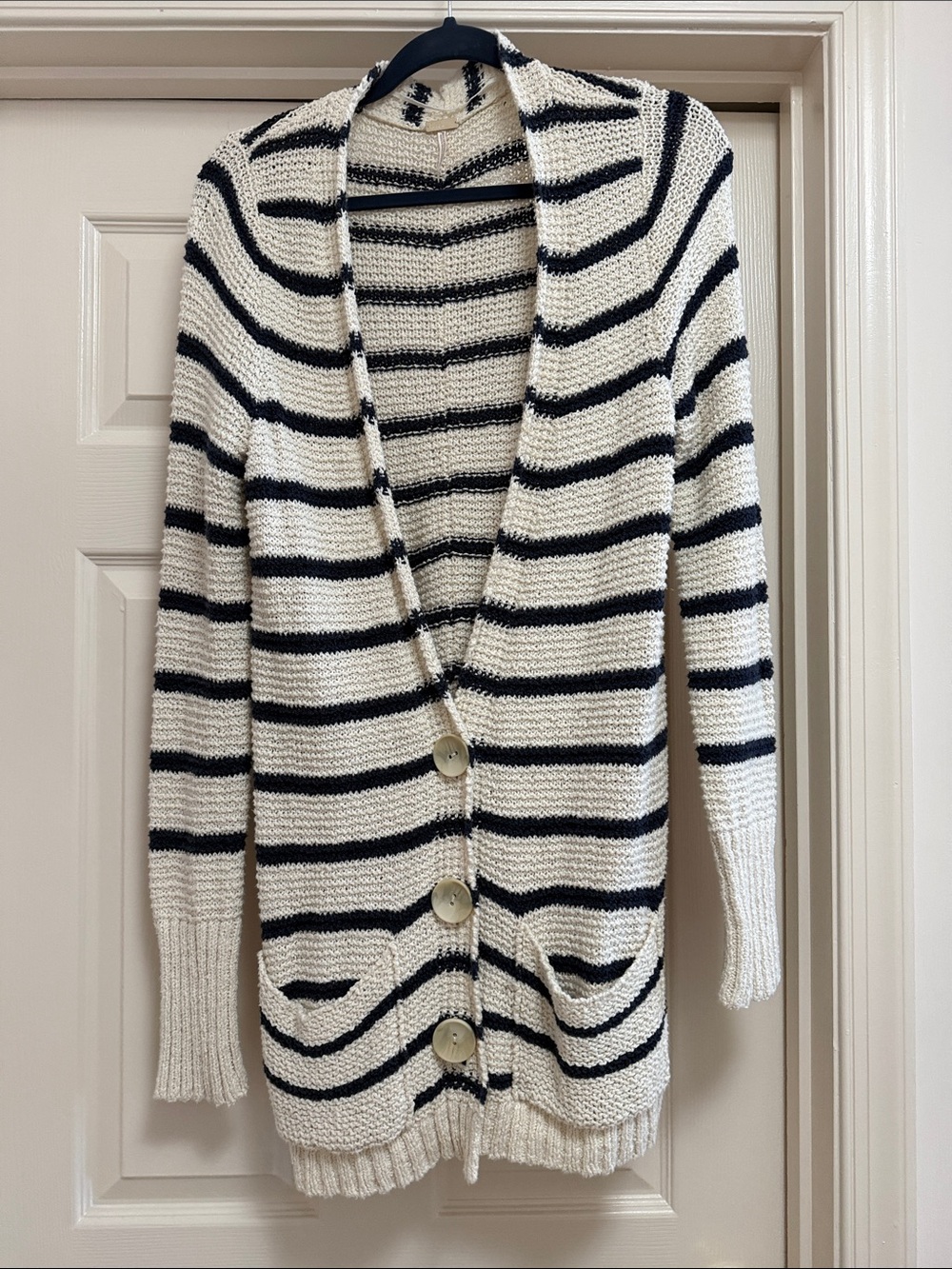 Striped Shawl-Collar Button Cardigan - Cream & Navy
